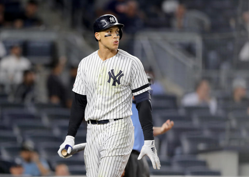 NEW YORK, NEW YORK - AUGUST 15:  Aaron Judge #99 of the New York Yankees reacts after striking out in the ninth inning against the Cleveland Indians at Yankee Stadium on August 15, 2019 in the Bronx borough of New York City. (Photo by Elsa/Getty Images)