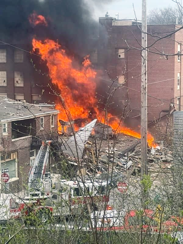 Fire and smoke at the scene of an explosion in West Reading, Pa., on Friday. (Courtesy Renèe Rivera)