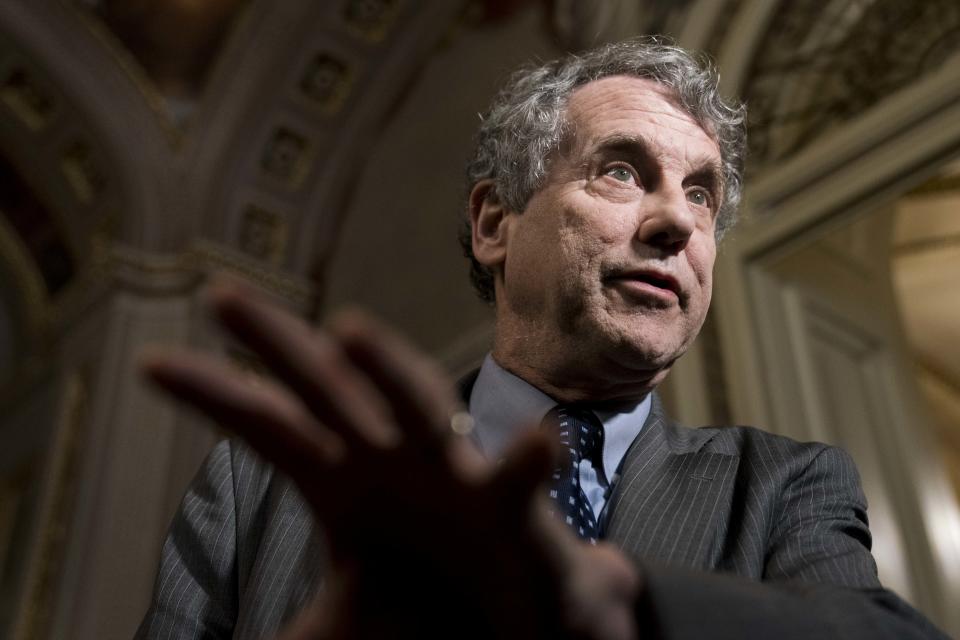 WASHINGTON, DC - JANUARY 30: Senator Sherrod Brown (D-OH) speaks to the press in the U.S. Capitol during a break on the second day that Senators have the opportunity to ask questions during impeachment proceedings against U.S. President Donald Trump on January 30, 2020 in Washington, DC. (Photo by Sarah Silbiger/Getty Images)