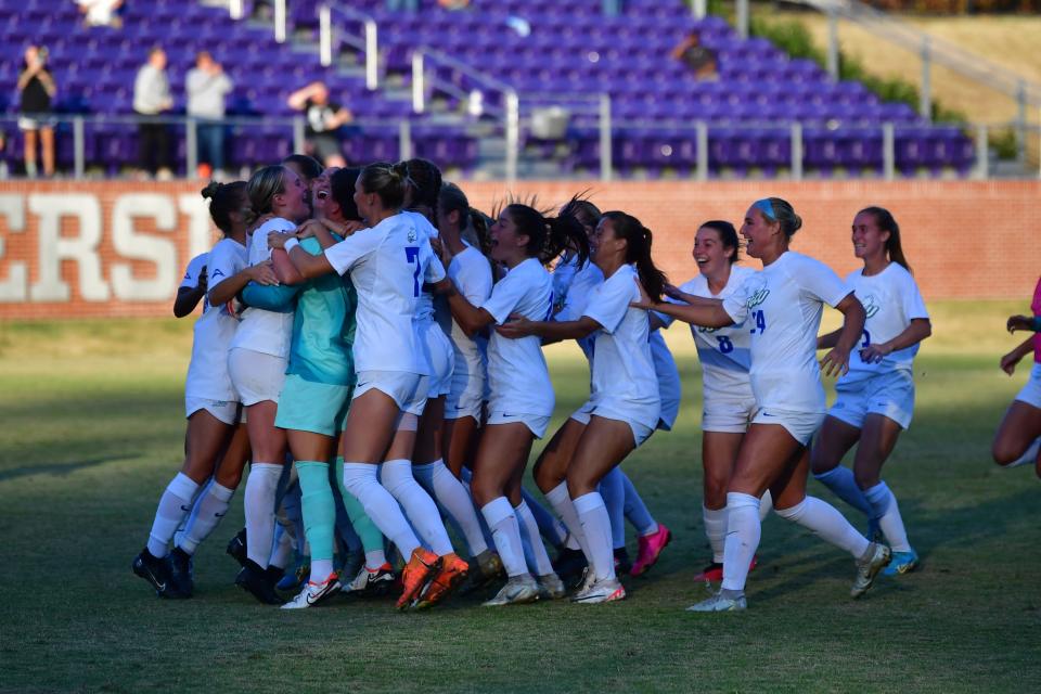 FGCU women's soccer players celebrate winning the 2023 Atlantic Sun Conference Tournament on Sunday, Nov. 5.