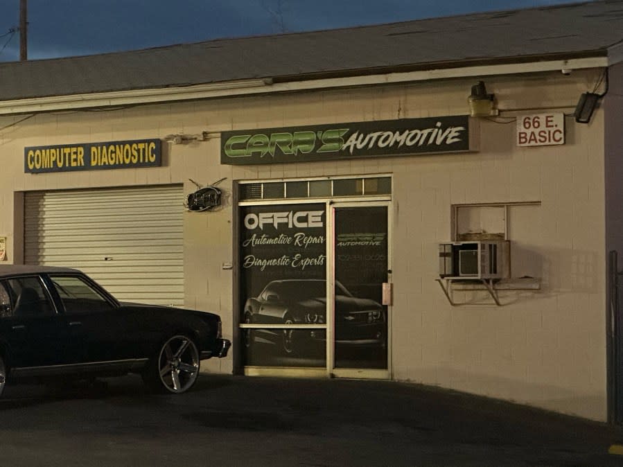 <em>Duaine’s Automotive DMV business license was revoked, but the building’s address is now registered on the department’s website as Carb’s Automotive, with signage on the door reflecting this change. (KLAS)</em>