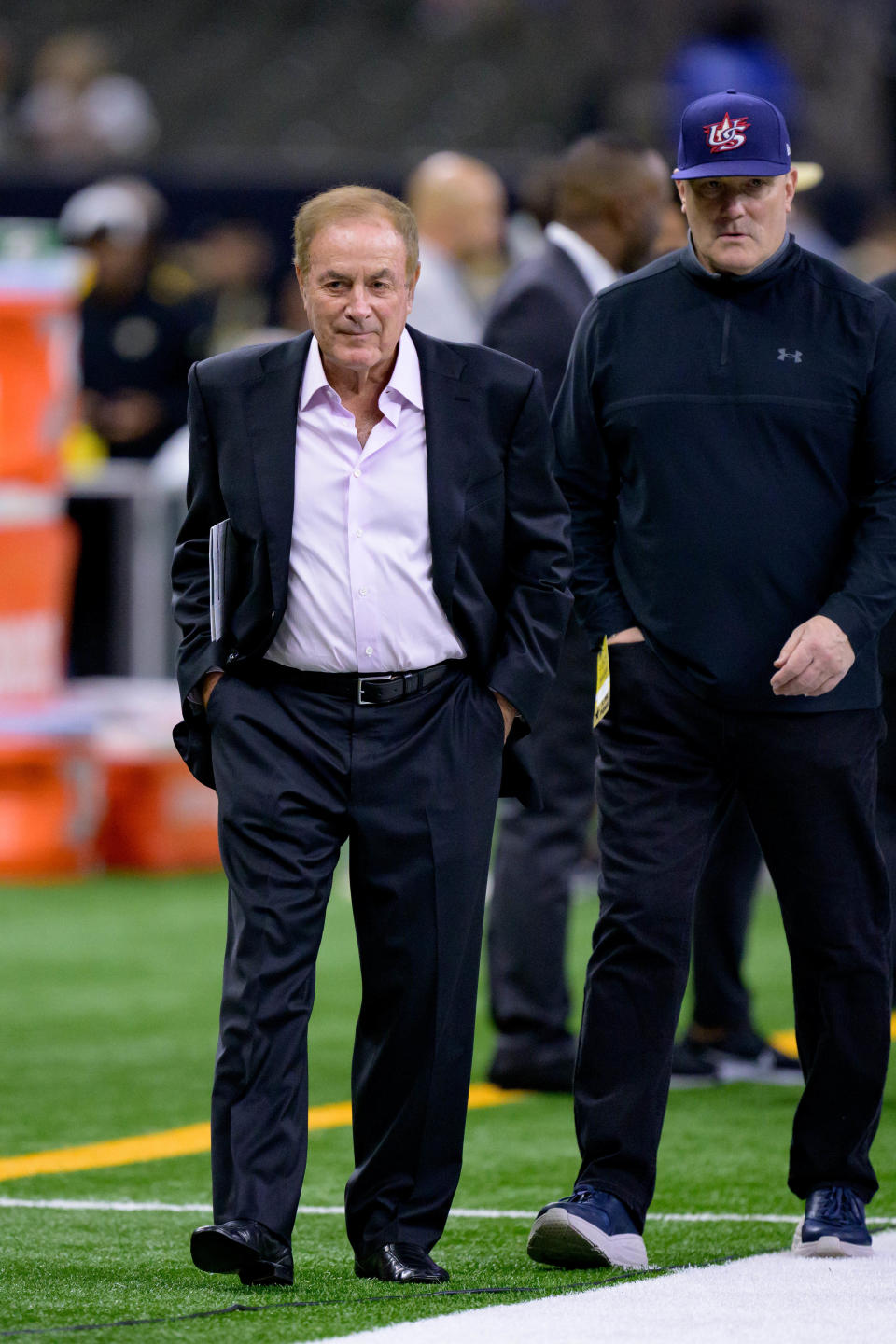 Oct 19, 2023; New Orleans, Louisiana, USA; Sports play-by-play announcer Al Michaels walks the sideline before a game between the New Orleans Saints and the Jacksonville Jaguars at the Caesars Superdome. Mandatory Credit: Matthew Hinton-USA TODAY Sports
