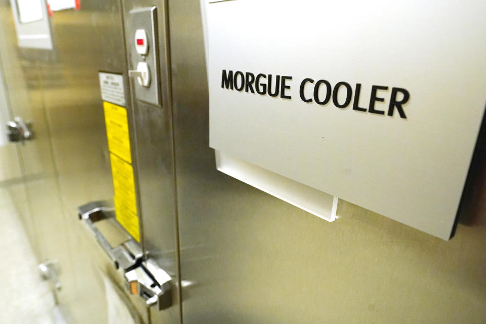 The morgue cooler is pictured across from the autopsy room at the Mississippi Crime Laboratory in Pearl, Miss., Aug. 26, 2021. (AP Photo/Rogelio V. Solis)