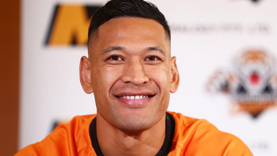 Israel Folau is seen here speaking about his bid to return to rugby league in Australia. 