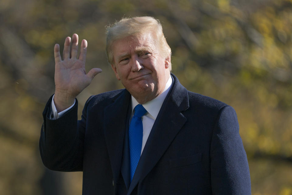 President Donald Trump walks on the South Lawn of the White House in Washington, Sunday, Nov. 29, 2020, after stepping off Marine One. Trump is returning from Camp David. (AP Photo/Patrick Semansky)