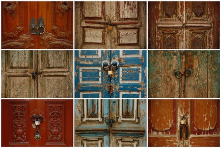 A combination picture shows the locked door of neighbourhood mosques in Kashgar, Xinjiang Uighur Autonomous Region, China, March 23 to 24, 2017. Many smaller neighbourhood mosques have been closed by the authorities in favour of larger more centralised places of worship, locals and an analyst said. REUTERS/Thomas Peter