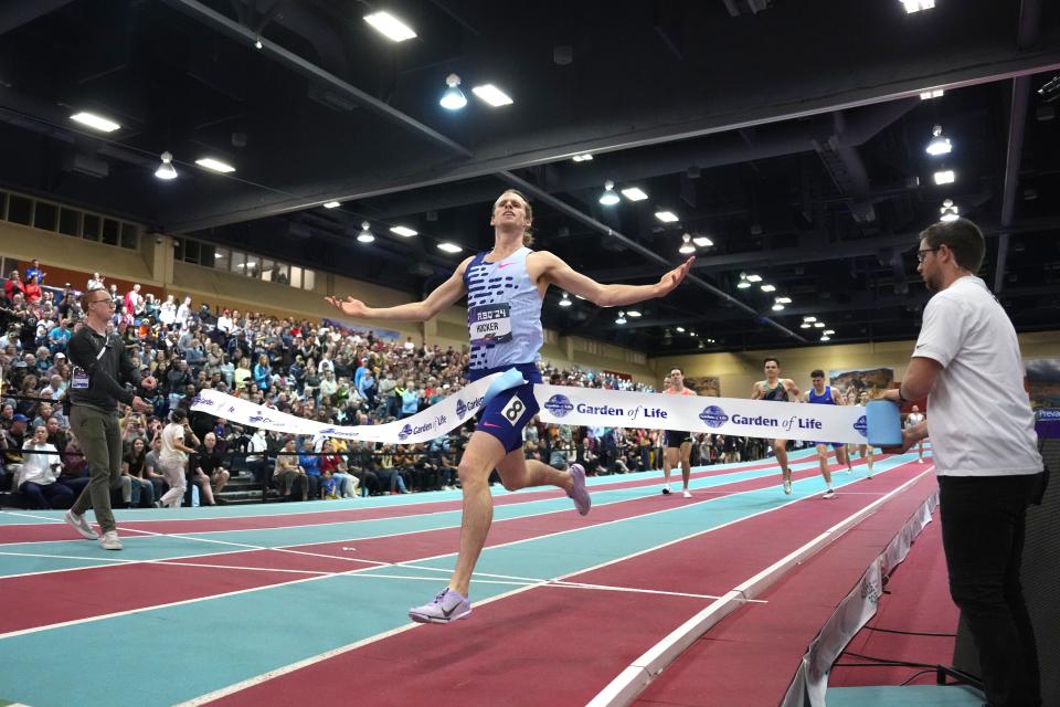 Cole Hocker celebrates after winning the,500m in 3:37.51 during the USATF Indoor Championships at Albuquerque Convention Center.