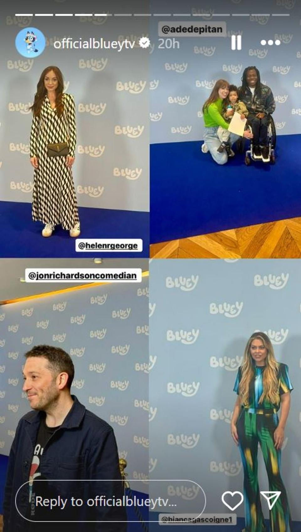 L-R Helen George, Ade Adepitan, Jon Richardson and Bianca Gascoigne attended the special screening of Bluey The Sign in London (Instagram @officialblueytv)