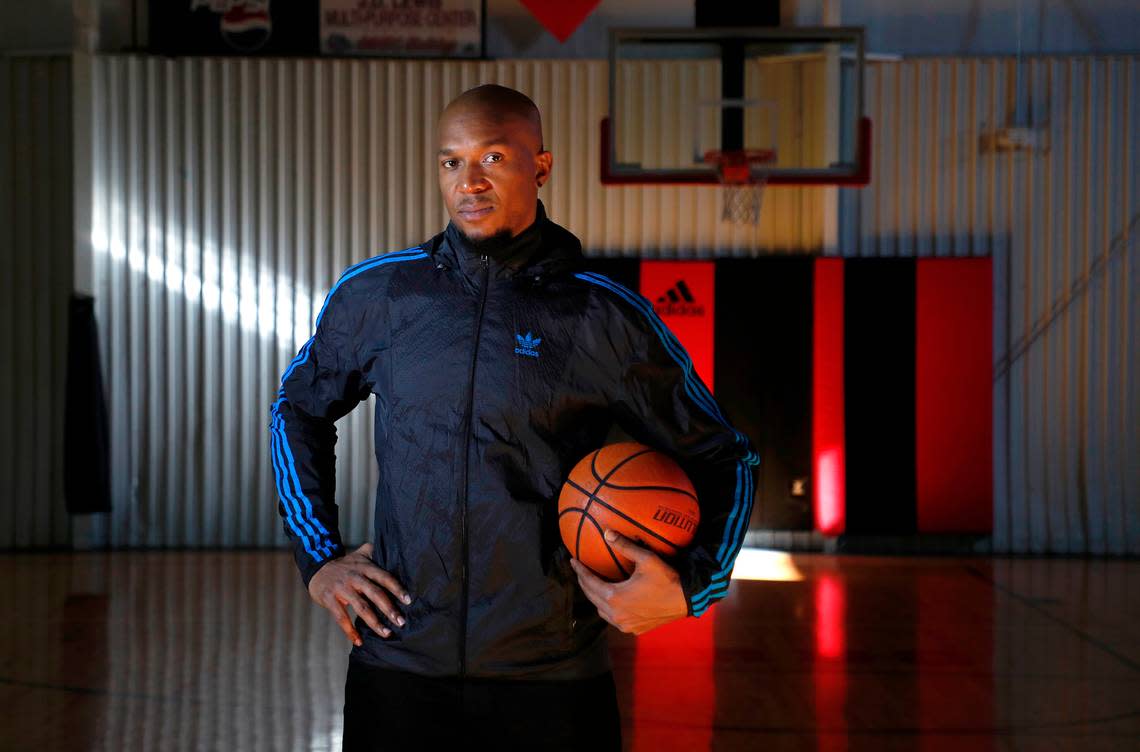 David West poses in the gym at the JD Lewis Center in Raleigh, N.C., Friday, Dec. 20, 2019. West is the chief operating officer and chief recruiter of the HBL, which starting in 2021 plans to create a collegiate-aged path to the NBA completely separate from the NCAA,