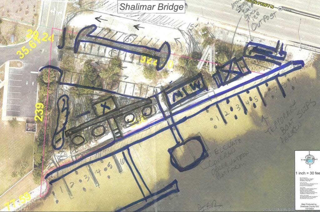 A hand drawn sketch of the new amenities for the upcoming waterfront park in Shalimar. The project is expected to cost $3 million to complete.