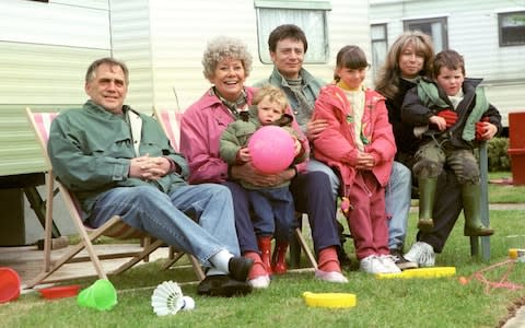 Coronation Street's (from the left) Bill Tarmey, Liz Dawn, Daryl Edwards, Sean Wilson, Helen Worth, Lyndsay King and Thomas Ormson in 1995 - Credit: Dave Kendall/PA