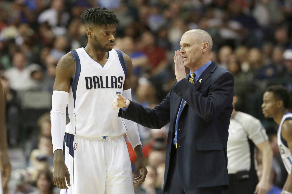 Rick Carlisle isn’t sure why Nerlens Noel wants directions to the media dining room, but sure, he’ll get him there. (AP)