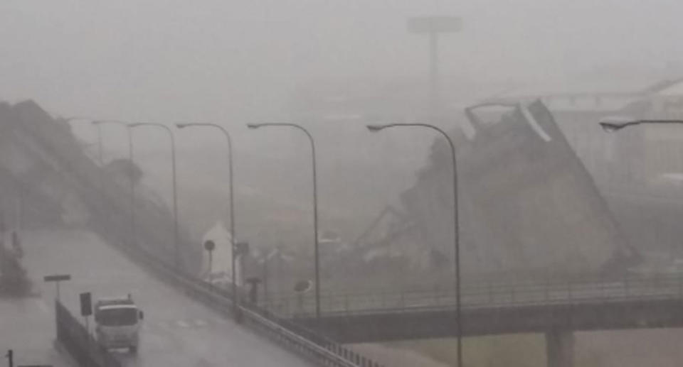 Part of the Morandi bridge collapsed during a torrential downfall. Source: Twitter/ Polizia di Stato