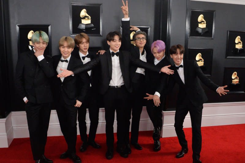 BTS arrives for the Grammy Awards held at Staples Center in Los Angeles in File Photo by Jim Ruymen/UPI