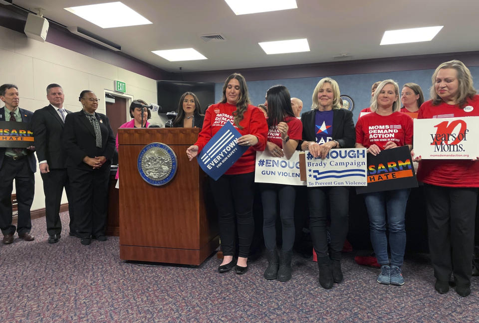 Democratic state Assembly Majority Leader Sandra Jauregui speaks during a news conference at the Nevada Legislature, promoting three bills that Nevada Democrats were putting forward Thursday, April 6, 2023, in Carson City, Nev. (AP Photo/Gabe Stern)