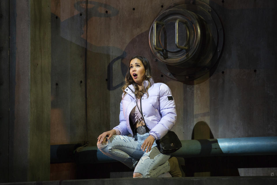 This image provided by The Metropolitan Opera shows soprano Nadine Sierra during rehearsal for a new Metropolitan Opera production of Donizetti's "Lucia di Lammermoor" set in the American Rust Belt. (Marty Sohl/Metropolitan Opera via AP)