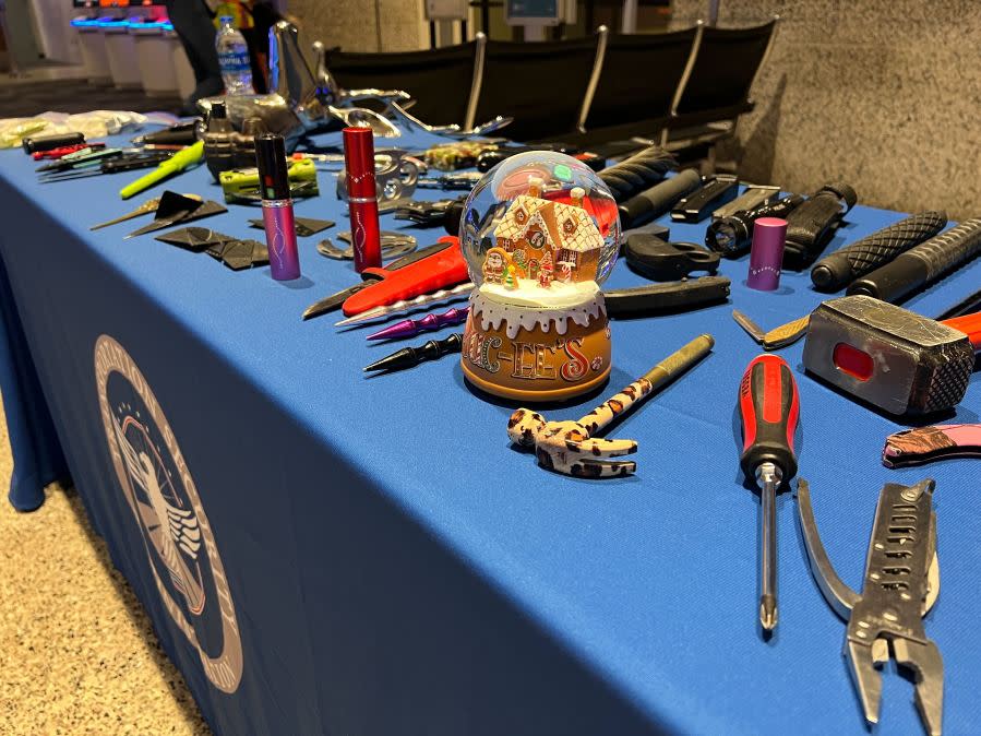 Items surrendered to TSA at AUS. Dec. 18, 2023 (KXAN Photo/Todd Bailey)