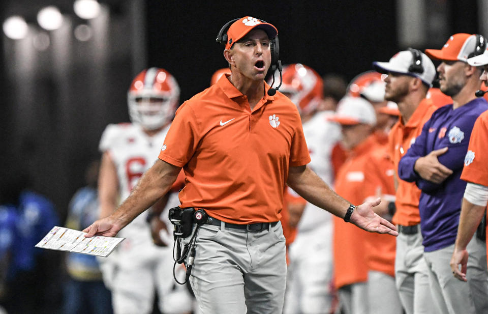 Clemson coach Dabo Swinney reacts after a call by an official during the first quarter of the Tigers' game against Georgia on Saturday. (Ken Ruinard-USA TODAY Sports)