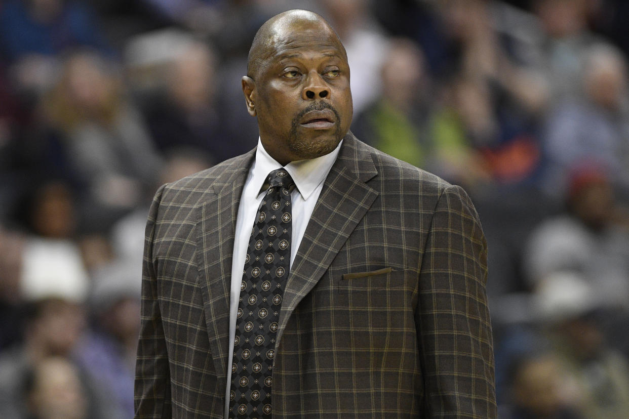 Georgetown head coach Patrick Ewing reacts during the first half of an NCAA college basketball game against Villanova, Wednesday, Feb. 20, 2019, in Washington. (AP Photo/Nick Wass)