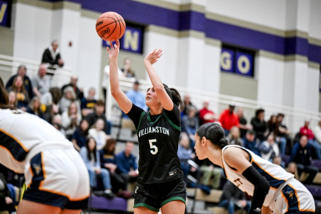 Williamston's Reese Gaytan shoots a free throw against Haslett during the second quarter on Friday, March 8, 2024, at Fowlerville High School.