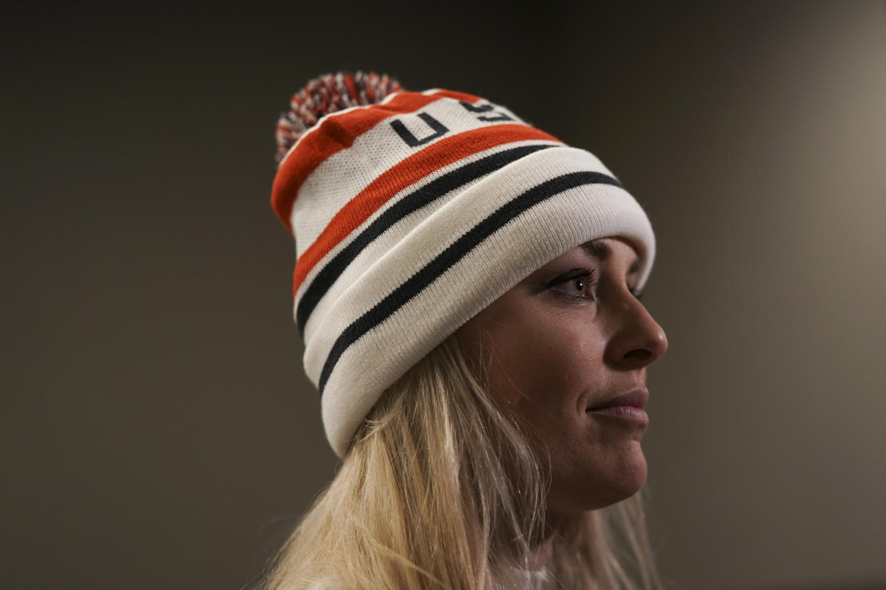 Lindsey Vonn answers questions after receiving a letter of appreciation for her grandfather’s service during the Korean War in Jeongseon, South Korea, Thursday, Feb. 22, 2018. (AP Photo/Felipe Dana)