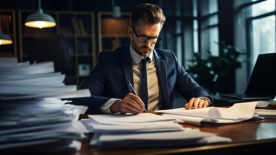 A business person engrossed in paperwork in an office, signifying diligence and expertise in financial planning.