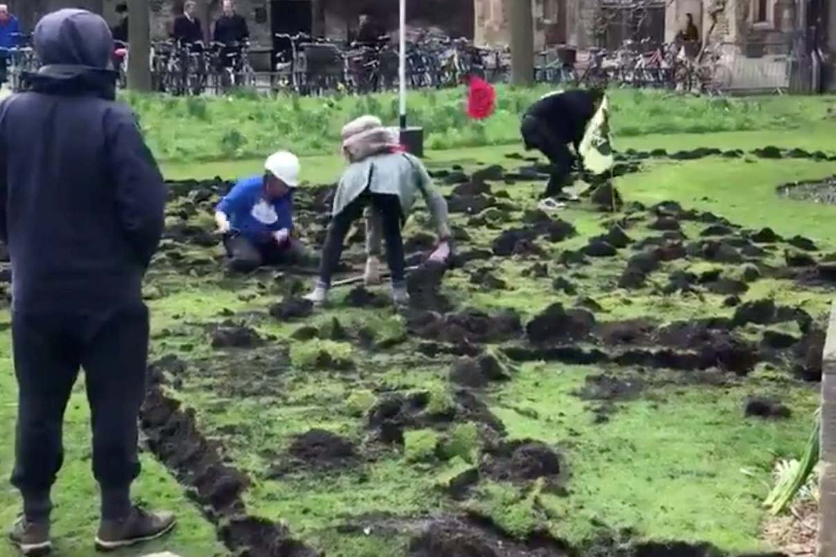 Extinction Rebellion climate protesters dig up the lawn of Trinity College: @CAMBFOODTOUR via REUTERS