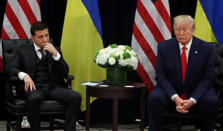 Ukraine's President Zelenskiy and U.S. President Trump face reporters during meeting in New York