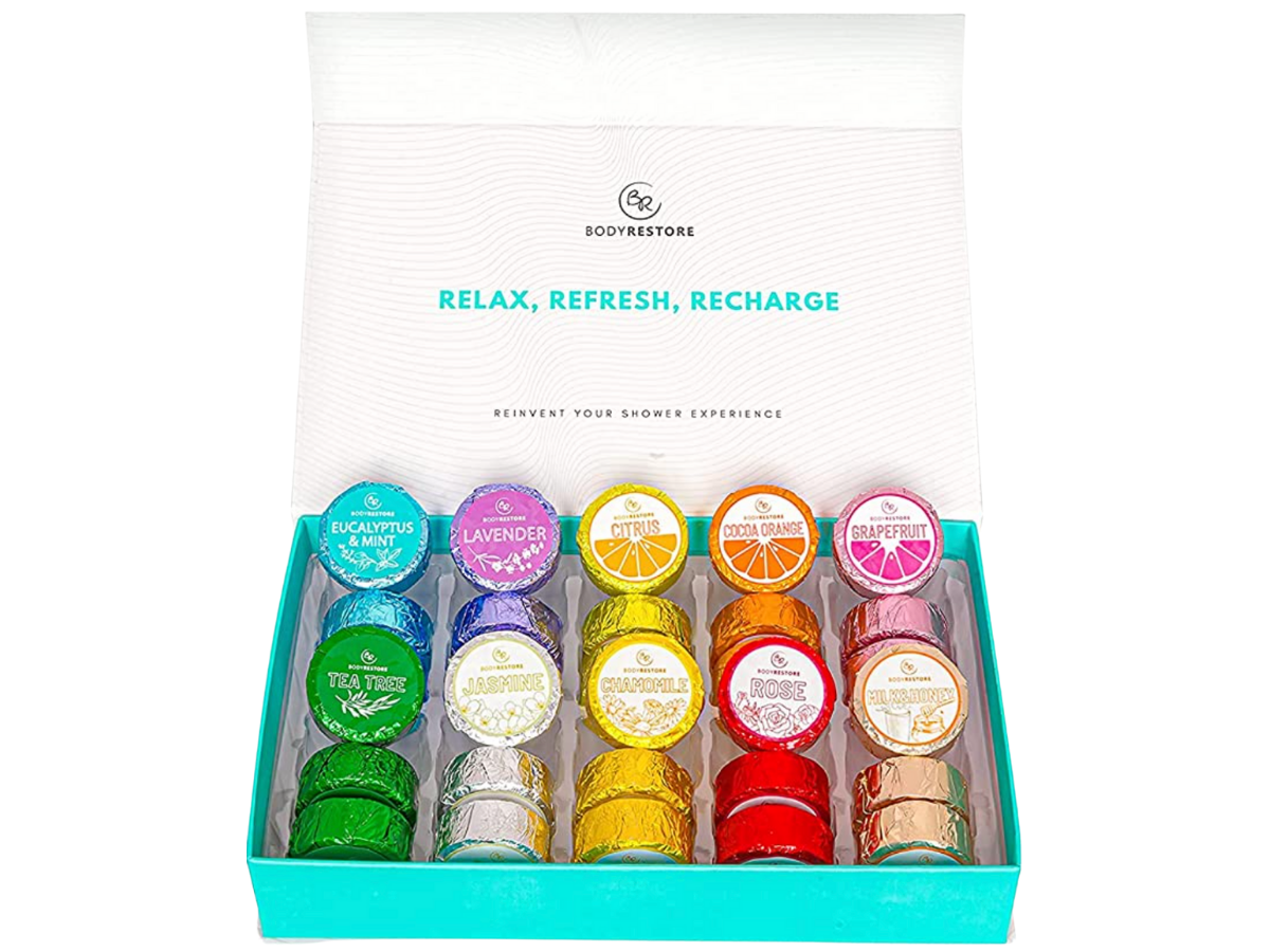 Colorful shower steamers in a gift box