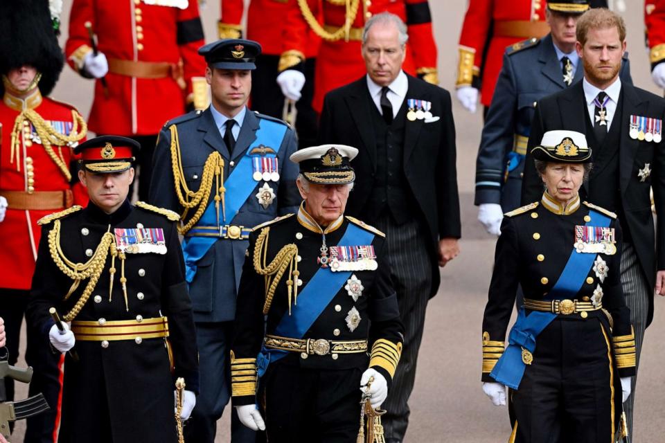 PHOTO: Prince William, King Charles III, David Armstrong-Jones, 2nd Earl of Snowdon, Prince Harry, Duke of Sussex, King Charles III and Anne, Princess Royal at the Committal Service for Queen Elizabeth II Sept. 19, 2022, in Windsor, England. (Leon Neal/Getty Images, FILE)