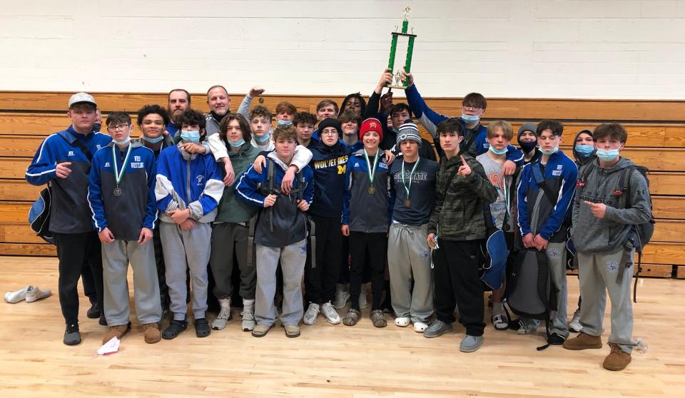 The Williamsport wrestling team celebrates after winning the team title at the Rebel Duals at South Hagerstown.