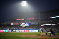 San Francisco Giants' Tom Murphy strikes out against Philadelphia Phillies pitcher Ranger Suarez during the second inning of a baseball game, Saturday, May 4, 2024, in Philadelphia. (AP Photo/Matt Slocum)