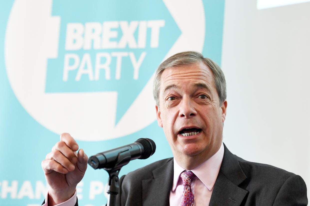 Brexit Party leader Nigel Farage during a presentation on postal votes at Carlton House Terrace in London. (Photo by Stefan Rousseau/PA Images via Getty Images)