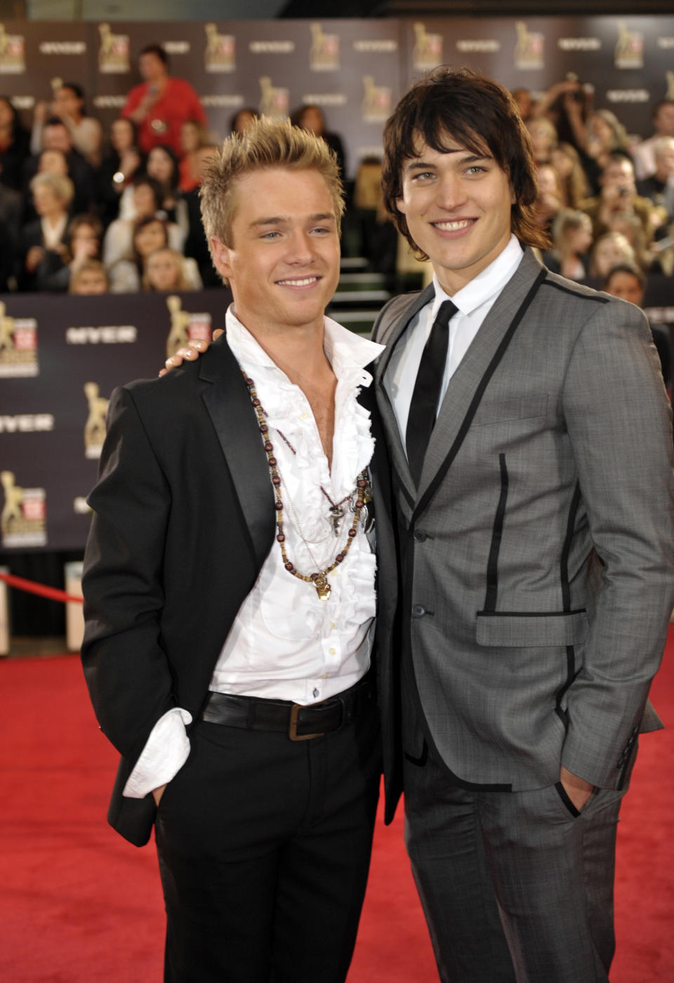 (AUSTRALIA OUT) Logies 2010. Red Carpet Arrivals at the 2010 Logie Awards at Crown Towers. Sam Clark from Neighbours (on the left), 2 May 2010. THE AGE Picture by PENNY STEPHENS (Photo by Fairfax Media via Getty Images/Fairfax Media via Getty Images via Getty Images)