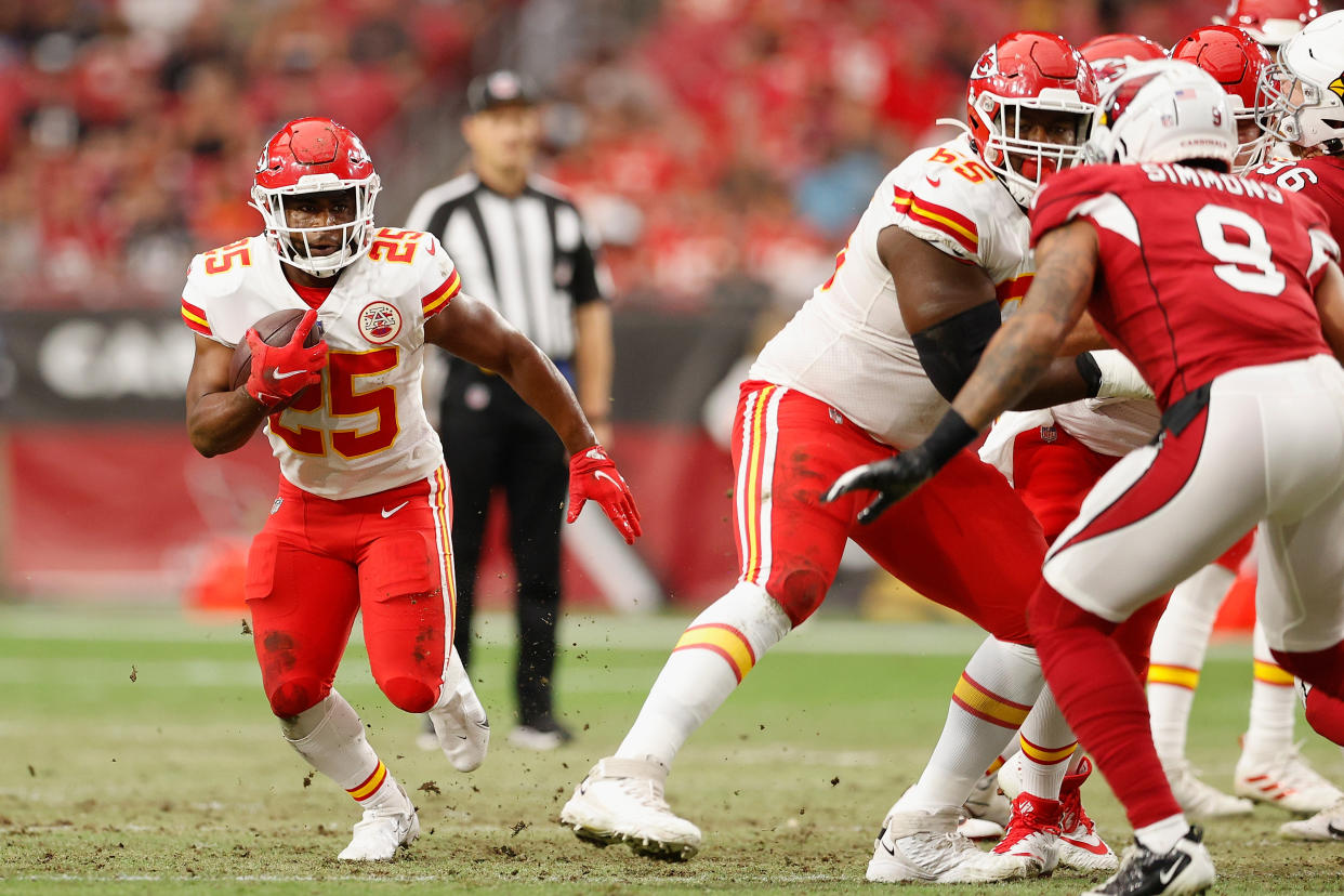 Running back Clyde Edwards-Helaire and other Chiefs starters will likely be playing some on Friday night. (Photo by Christian Petersen/Getty Images)