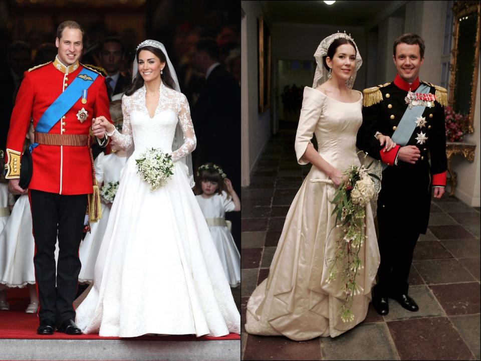 Prince William and Kate Middleton on their wedding day in 2011 (L) and Princess Mary and Prince Frederik on their wedding day in 2004 (R).