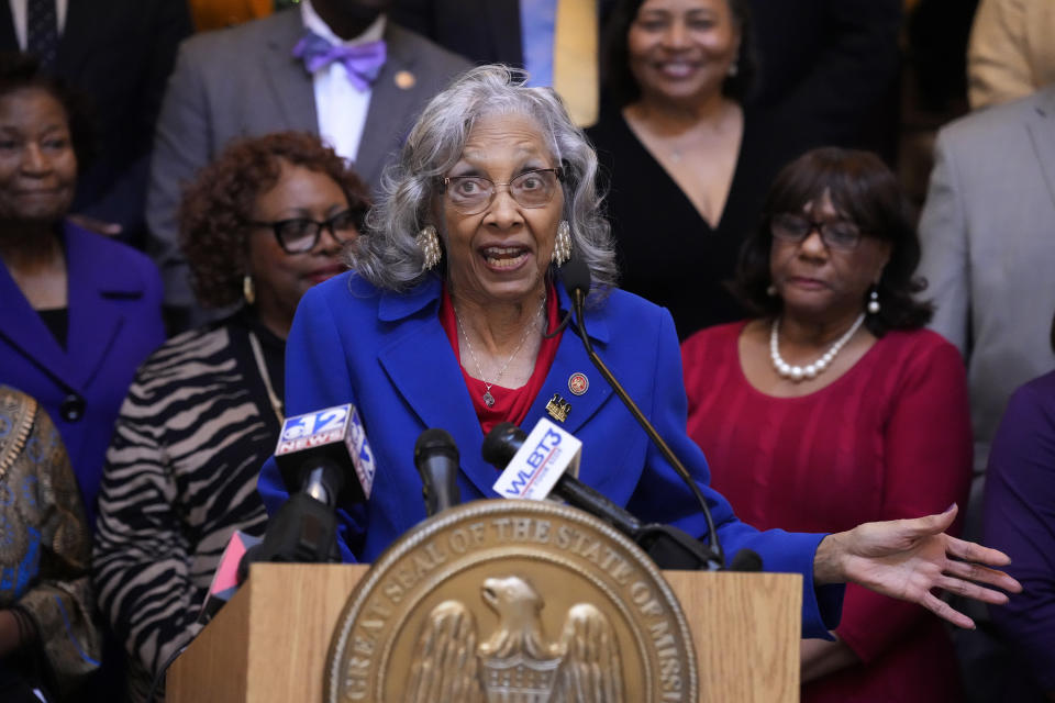 Former State Rep. Alyce Clarke, D-Jackson, speaks about being honored with her official portrait in the Mississippi State Capitol in Jackson, Tuesday, Feb. 13, 2024. Clarke is the first woman and the first African American to have a portrait displayed in the state Capitol. (AP Photo/Rogelio V. Solis)