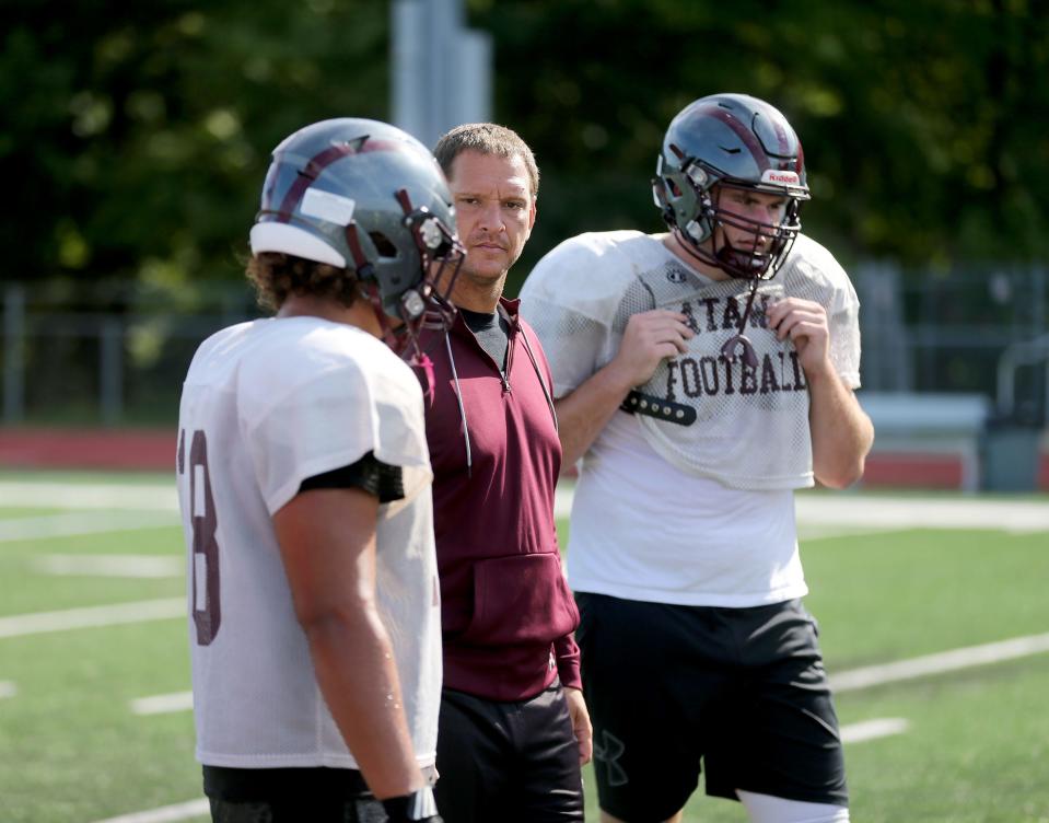 Jay Graber, shown during a Matawan High School football practice in August, 2022, was hired as Brick Township High School's head football coach Thursday night.