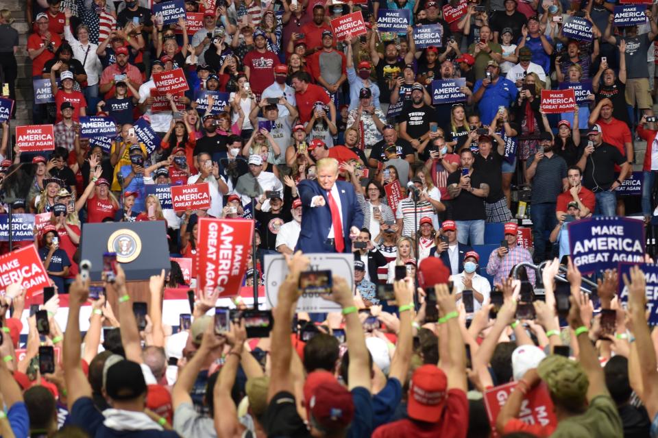 TULSA, USA - JUNE 20:  U.S. President Donald Trump meet his supporters at his ''Make America Great Again'' rally in Tulsa, Oklahoma, United States on June 20, 2020. (Photo by Kyle Mazza/Anadolu Agency via Getty Images)