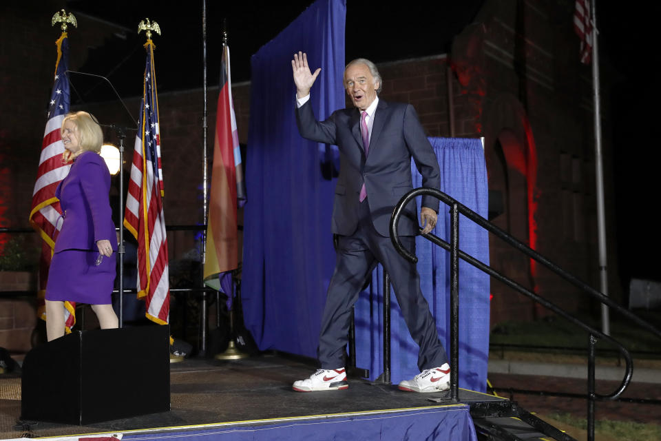 Incumbent U.S. Sen. Edward Markey arrives with his wife Susan, left to speak in Malden, Mass., after defeating U.S. Rep. Joe Kennedy III, Tuesday, Sept. 1, 2020, in the Massachusetts Democratic Senate primary. (AP Photo/Michael Dwyer)