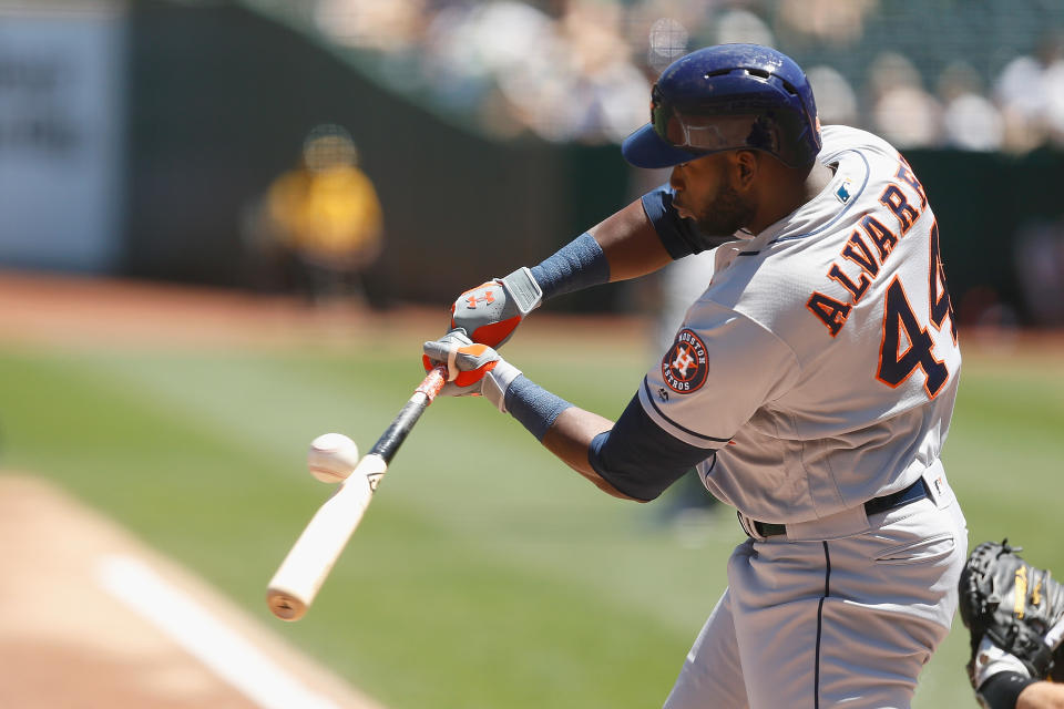 OAKLAND, CALIFORNIA - AUGUST 17: Yordan Alvarez #44 of the Houston Astros at bat against the Oakland Athletics at Ring Central Coliseum on August 17, 2019 in Oakland, California. (Photo by Lachlan Cunningham/Getty Images)