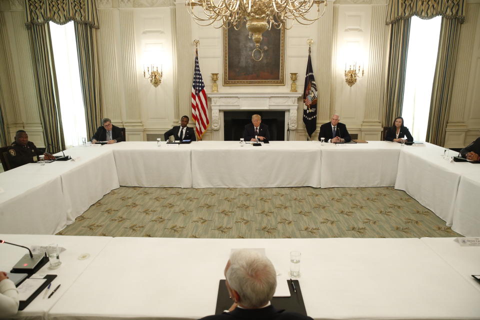 President Donald Trump speaks during a roundtable discussion with law enforcement officials, Monday, June 8, 2020, in the State Dining Room of the White House in Washington. (AP Photo/Patrick Semansky)