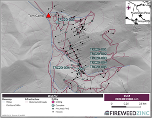 Map 4 – Tom Area: Locations of the 2020 RC drill hole locations