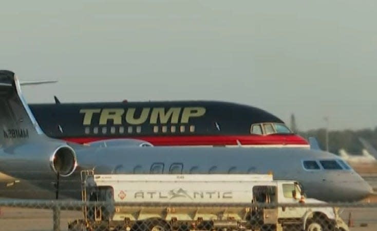 Former President Donald Trump's plane awaits his departure on April 3, 2023 for his arraignment in New York City.