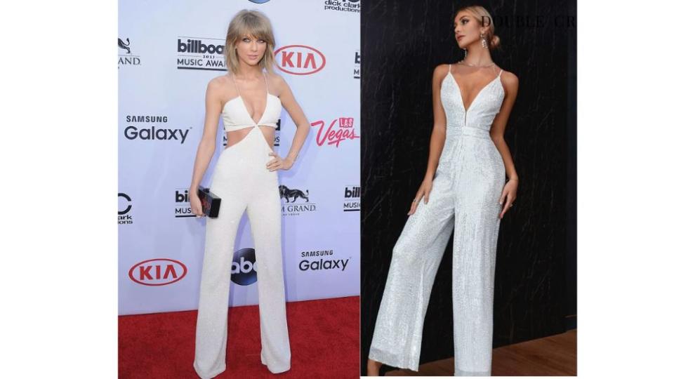 Taylor Swift in white custom Balmain jumpsuit and model in Shein Double Crazy Wide Leg Sequins 