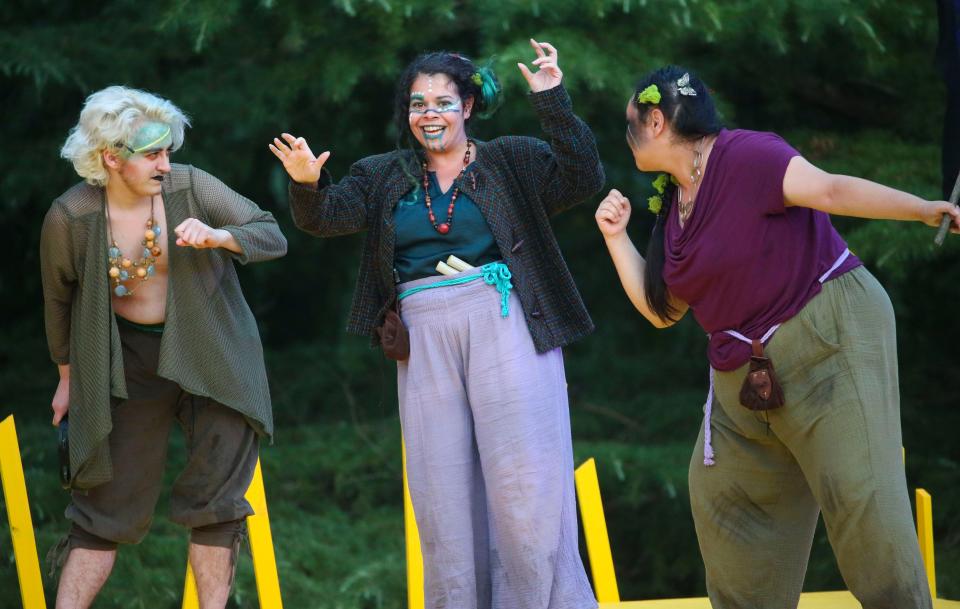 The three witches (from left, CJ Higgins, Rachel O'Hanlon-Rodriguez and Kimie Muroya) in Delaware Shakespeare's opening night performance of "Macbeth" at Rockwood Park near Wilmington, Friday, July 21, 2023. The production runs through Aug. 6.