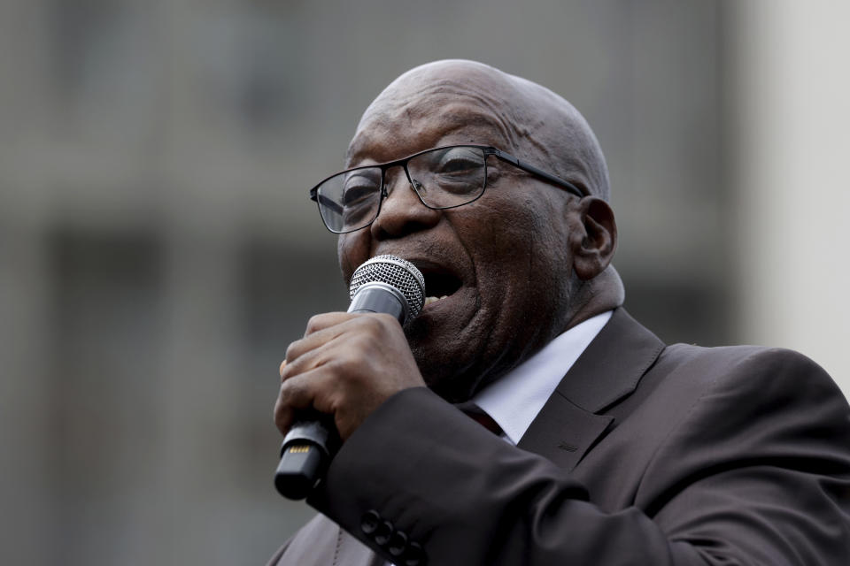 FILE — Former South African President Jacob Zuma addresses supporters of the newly formed uMkhonto weSizwe Party (MK Party) in Durban, South Africa, Wednesday, March 27, 2024. South Africa's election commission has ruled that Zuma is not eligible to run in upcoming elections because of Zuma's criminal record. He was sentenced to 15 months in prison in 2021 for defying a court order to appear before a judicial commission that was investigating corruption allegations during his presidency. (AP Photo, File)