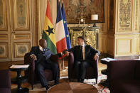 French President Emmanuel Macron attends a meeting with Ghana's President Nana Akufo-Addo during the African Vaccine Manufacturing Accelerator conference, Thursday, June 20, 2024 in Paris. French President Emmanuel Macron is joining some African leaders to kick off a planned $1 billion project to accelerate the rollout of vaccines in Africa, after the coronavirus pandemic bared gaping inequalities in access to them. (Dylan Martinez/Pool via AP)