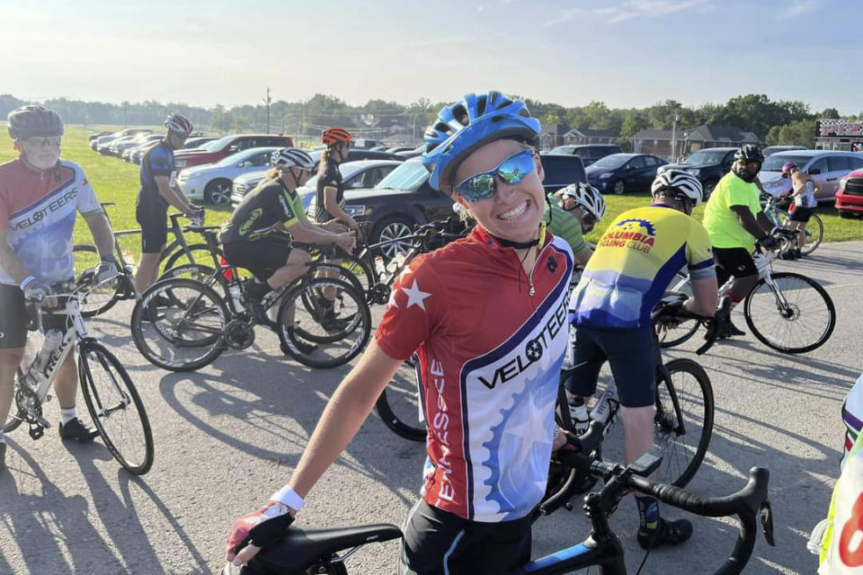 Alyssa Milligan participates in the Bike Ride Across Wilson County in conjunction with the Tennessee State Fair, Aug. 19, 2023, in Tenn. Milligan was struck and killed by a pickup truck in September while riding with a friend. Roadway deaths in the U.S. are mounting despite government test data showing vehicles have been getting safer. While the number of all car-related fatalities has trended upward over the last decade, pedestrians and cyclists have seen the sharpest rise, 64% between 2011 and 2022. (Ronald E. VanHoose via AP)