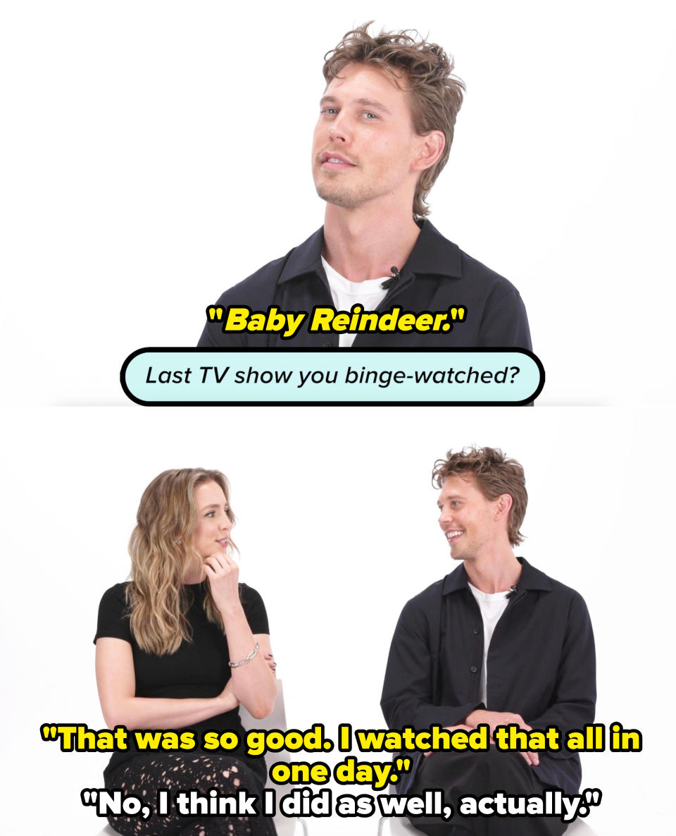 Austin Butler in a black shirt with wavy hair, and a sitting conversation with Bridget Regan in a black outfit with lace skirt. Bubble text asks, "Last TV show you binge-watched?"